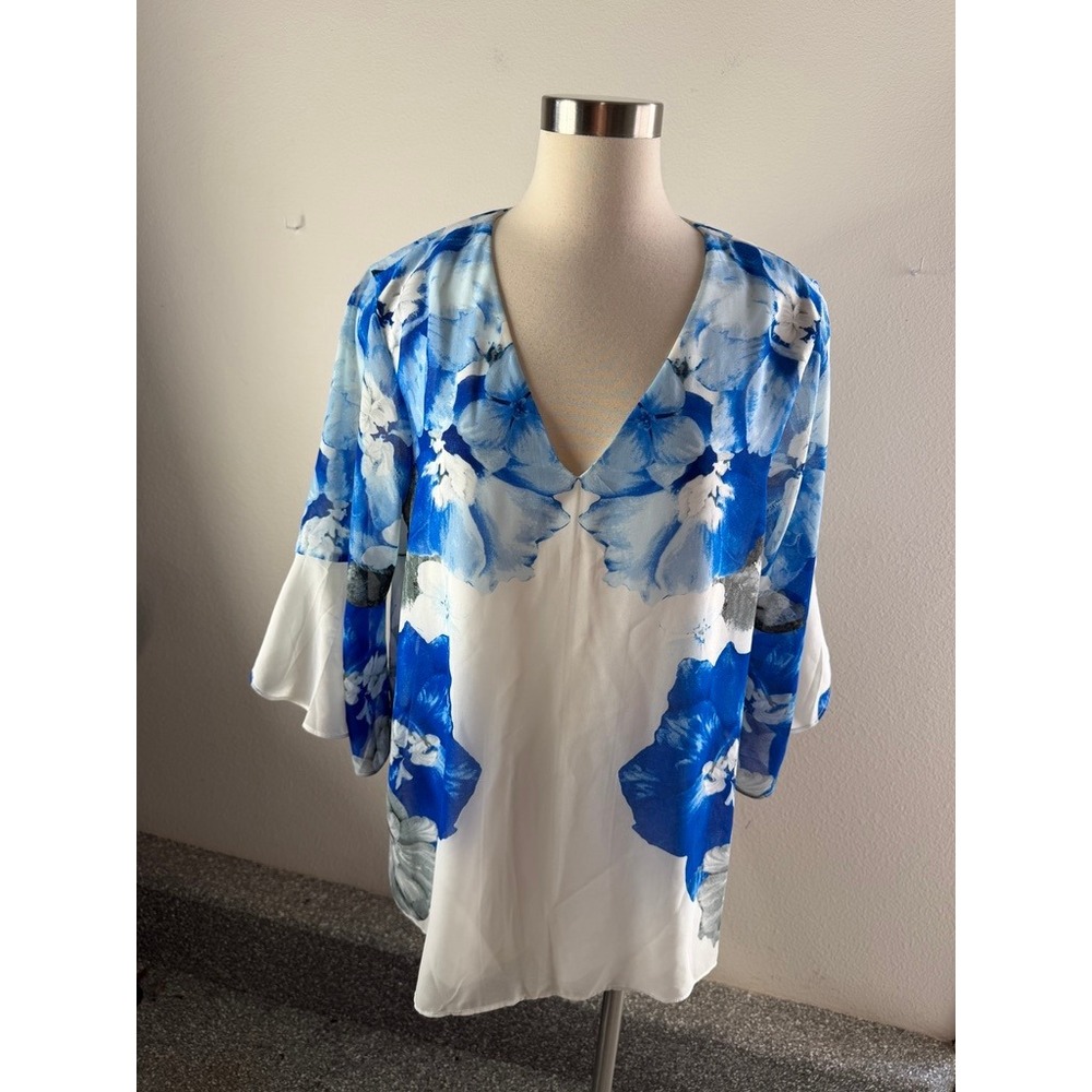 Calvin Klein Womens XL Blue White Floral V Neck Bell Sleeve Blouse